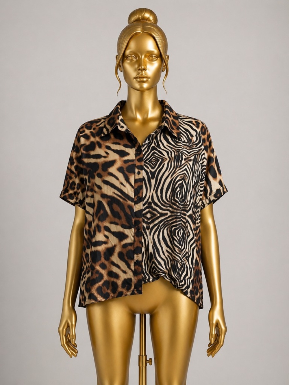 Millau Mixed Animal Print Short-Sleeve Button-Down Top - Brown/Black/Cream crop